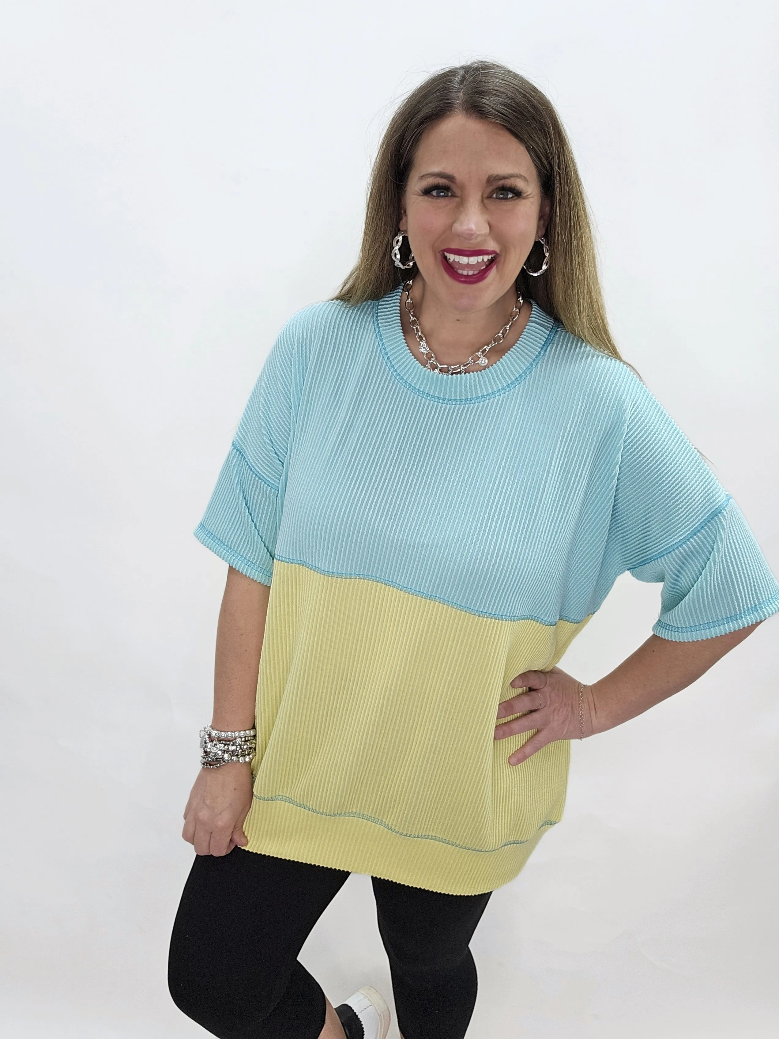 MINT/YELLOW RAISED RIBBED COLORBLOCK OVERSIZED TOP