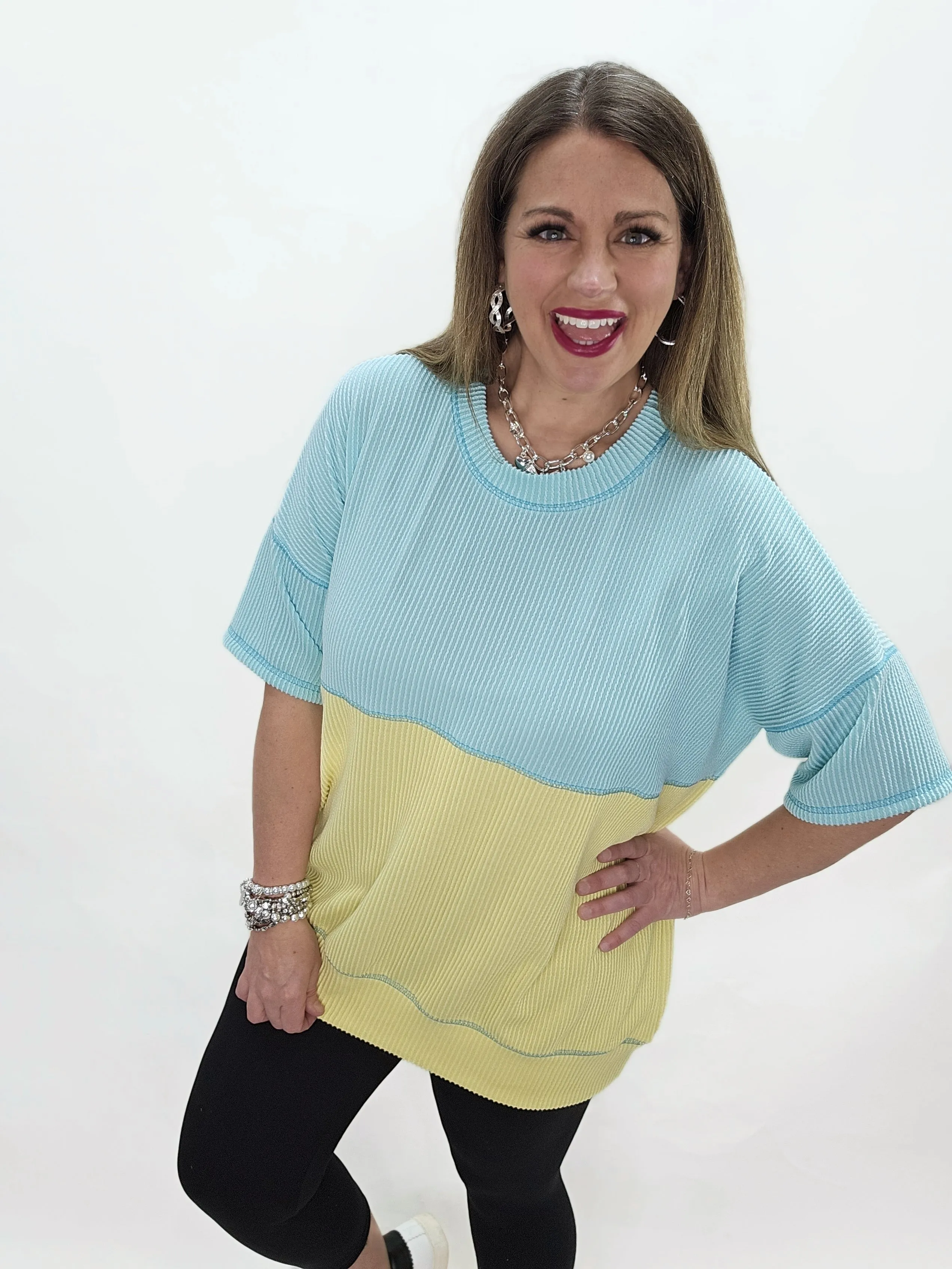 MINT/YELLOW RAISED RIBBED COLORBLOCK OVERSIZED TOP