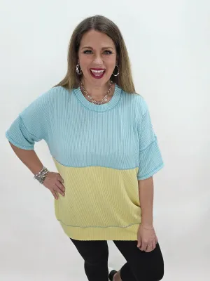 MINT/YELLOW RAISED RIBBED COLORBLOCK OVERSIZED TOP
