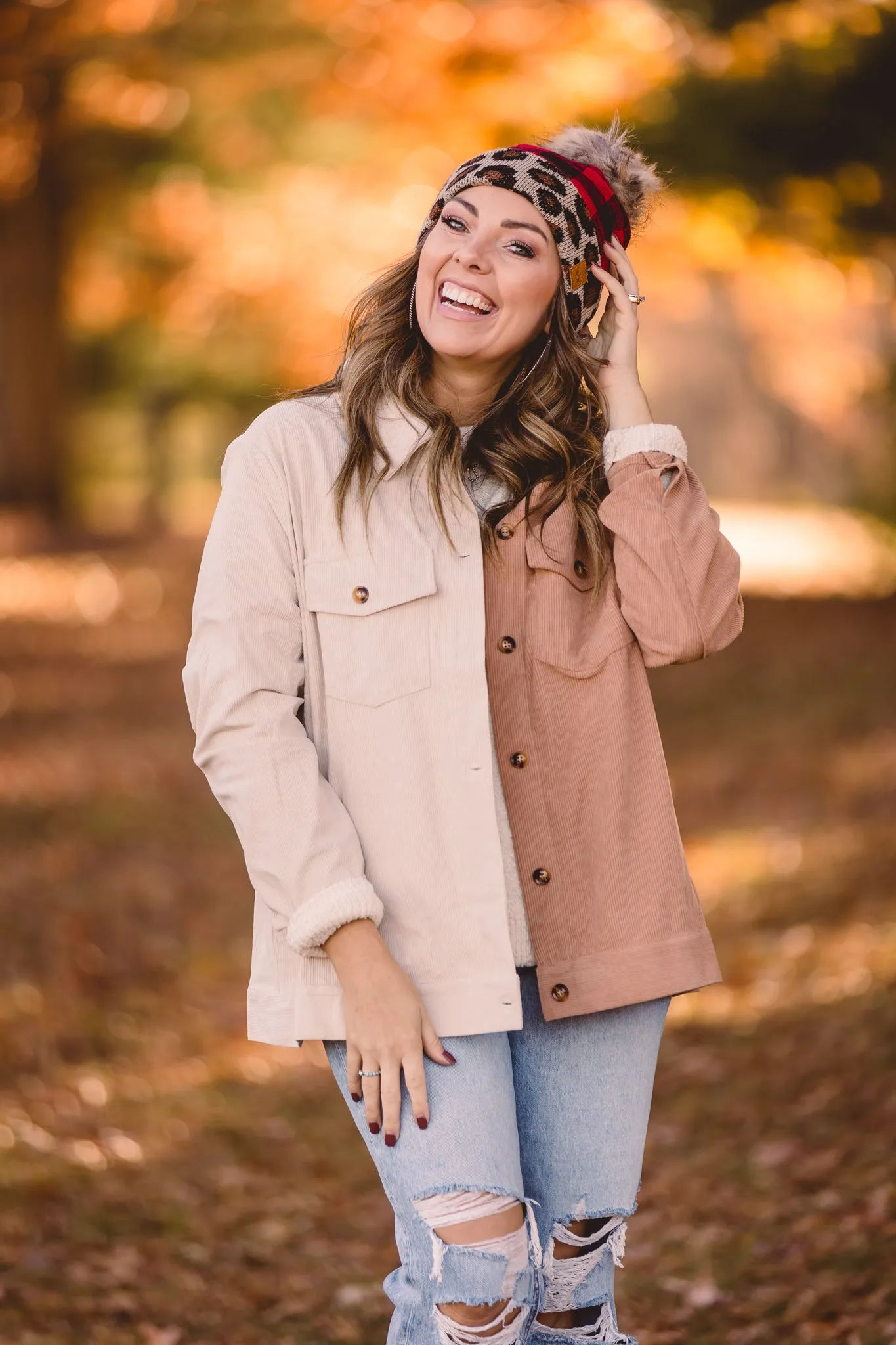 Mocha   Cream Half & Half Mini Corduroy Shacket