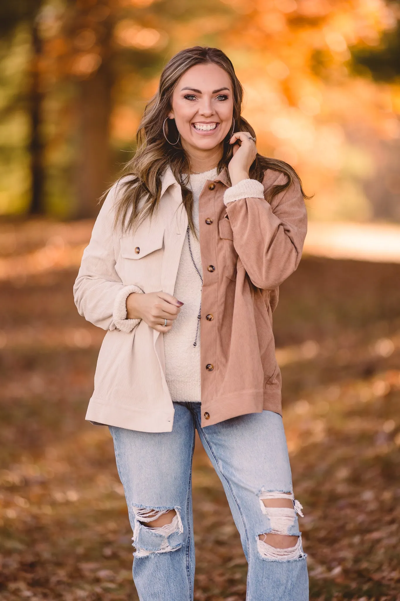 Mocha   Cream Half & Half Mini Corduroy Shacket