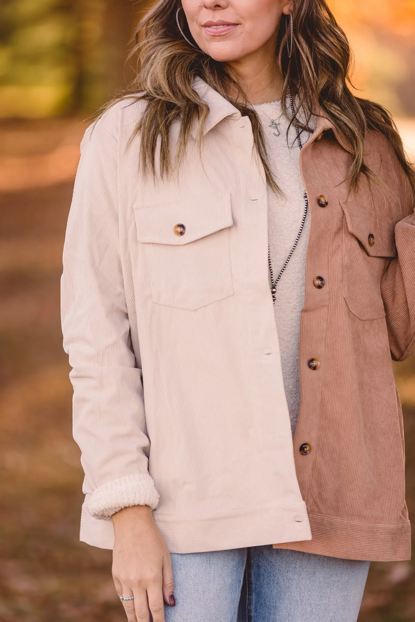 Mocha   Cream Half & Half Mini Corduroy Shacket