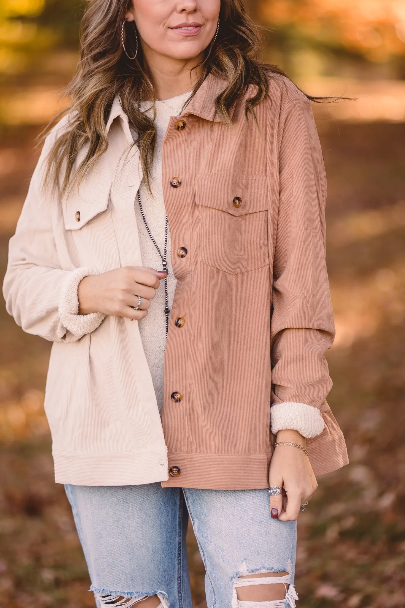 Mocha   Cream Half & Half Mini Corduroy Shacket