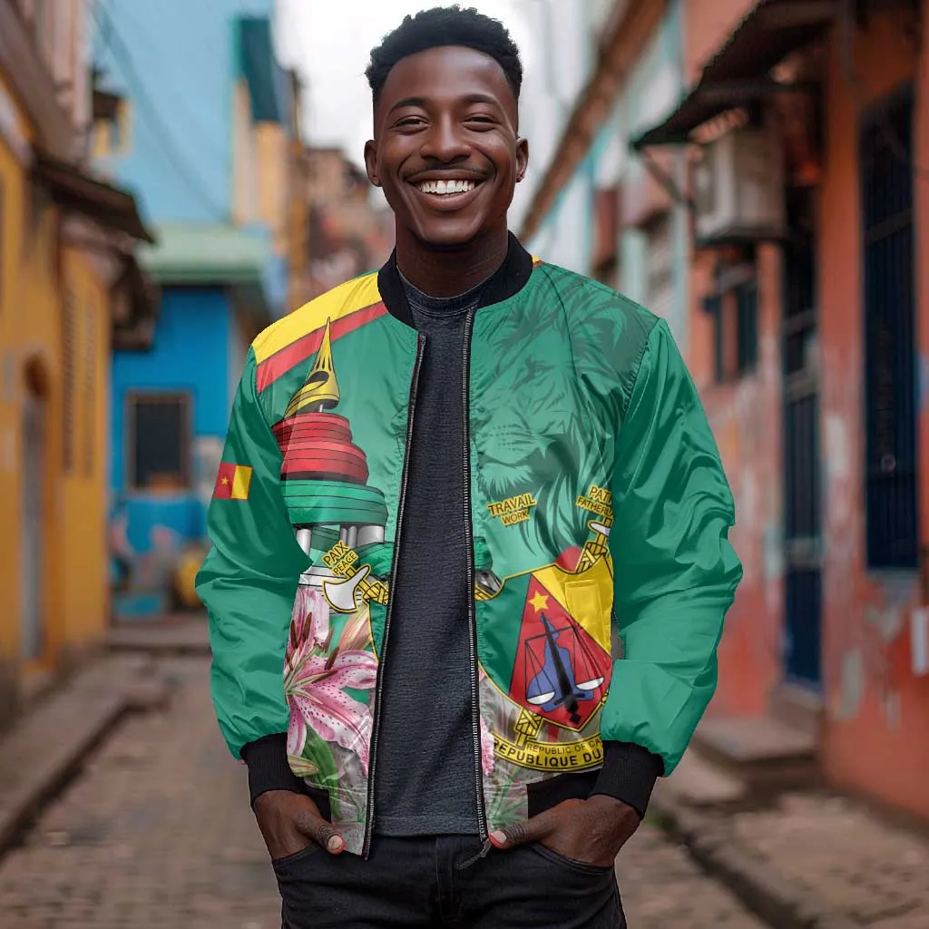 Monument de la Reunification Cameroun Bomber Jacket Coat Of Arms With Lily Flowers LT14