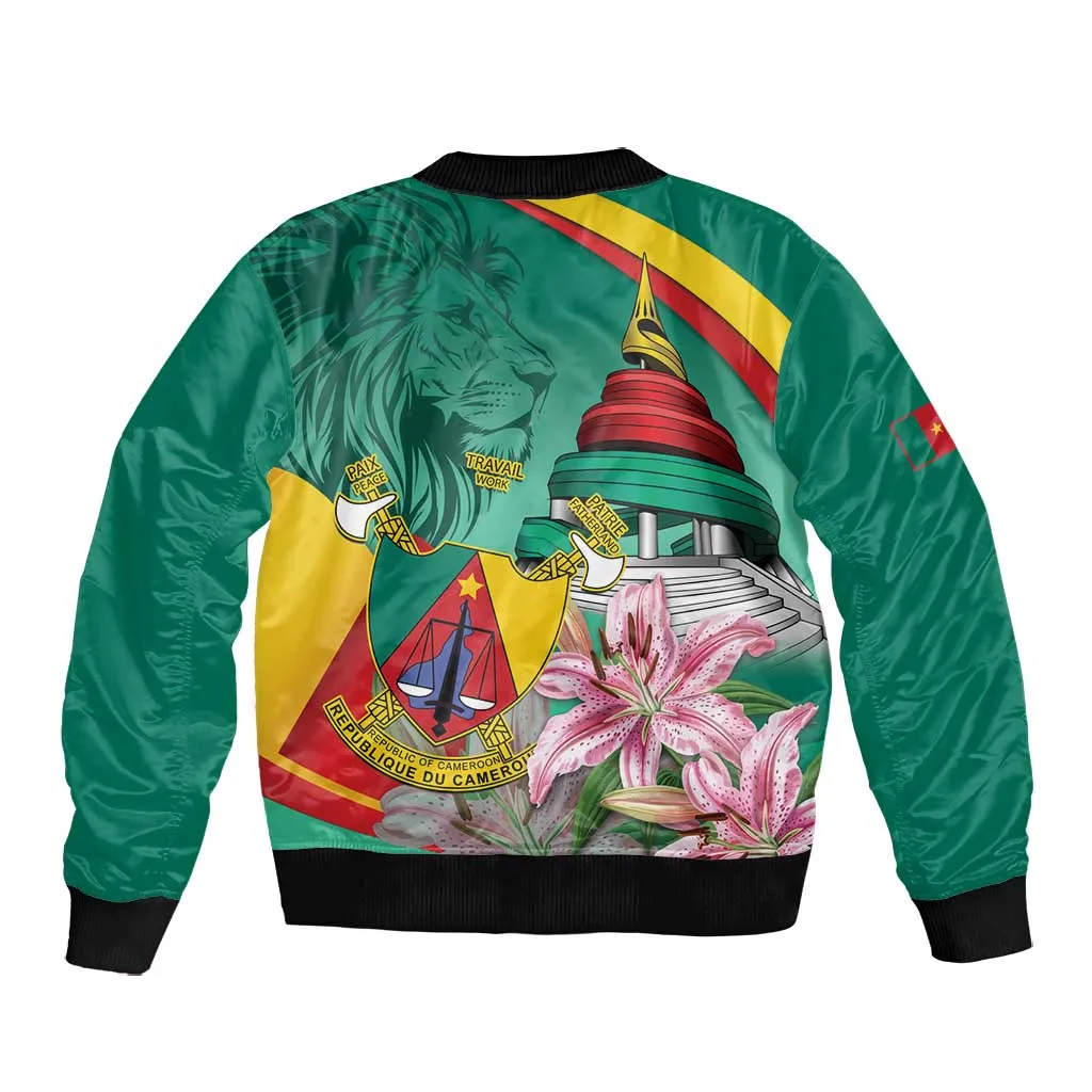 Monument de la Reunification Cameroun Bomber Jacket Coat Of Arms With Lily Flowers LT14