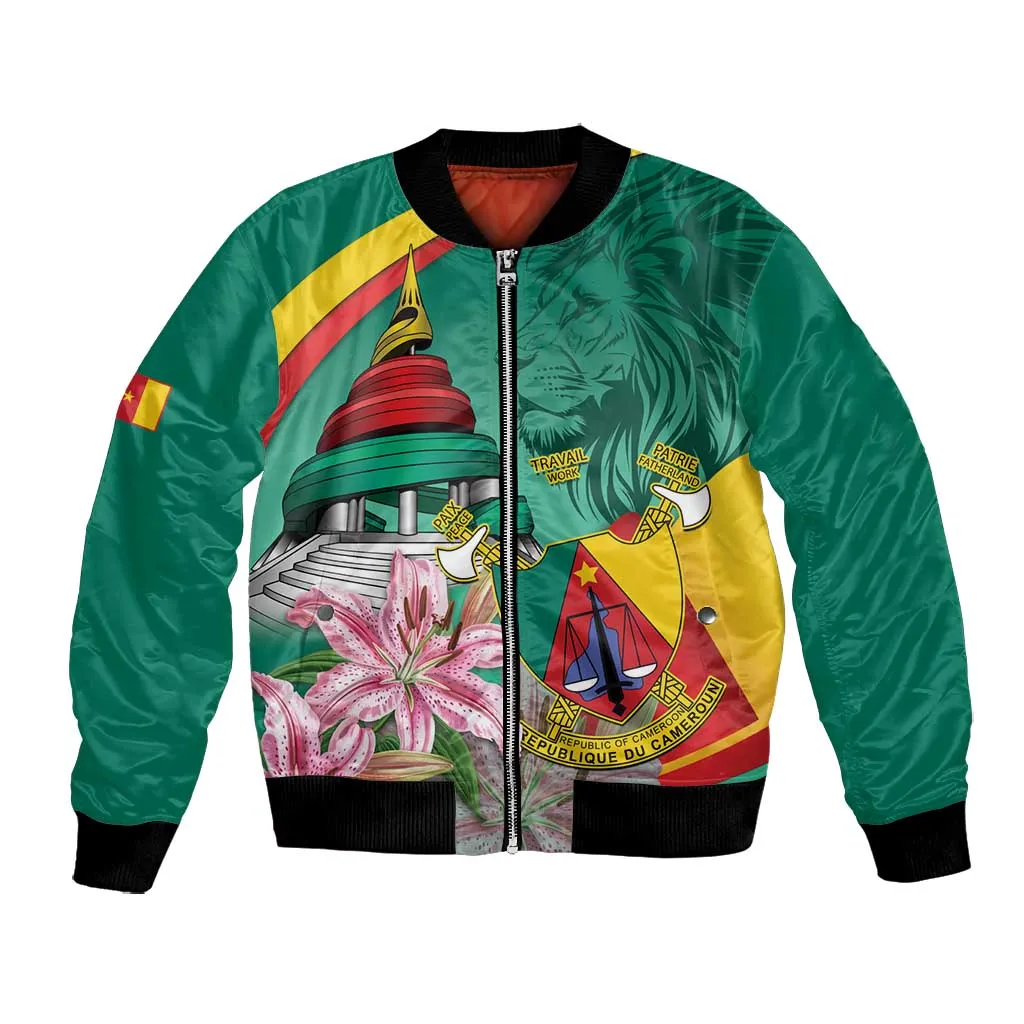 Monument de la Reunification Cameroun Bomber Jacket Coat Of Arms With Lily Flowers LT14