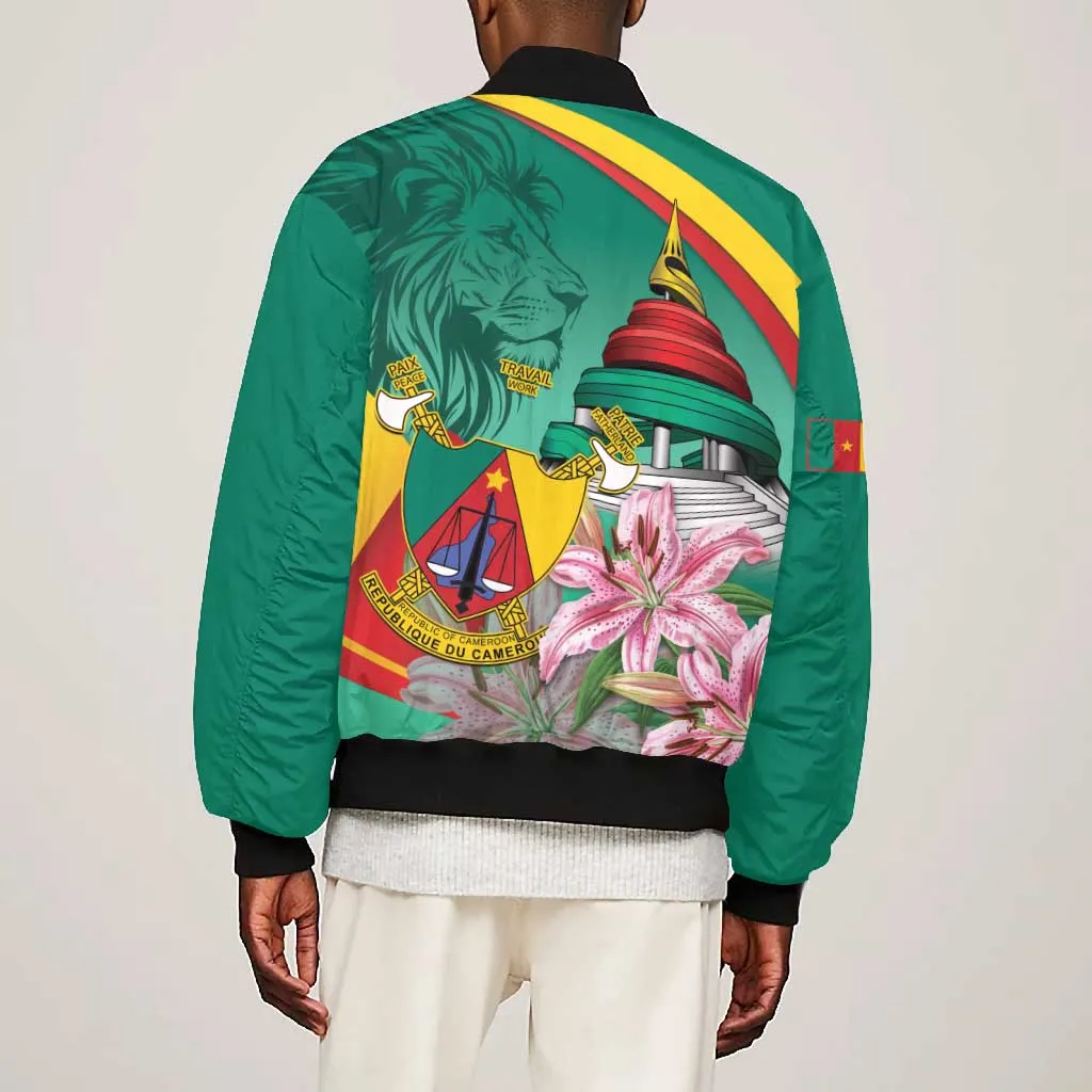 Monument de la Reunification Cameroun Bomber Jacket Coat Of Arms With Lily Flowers LT14