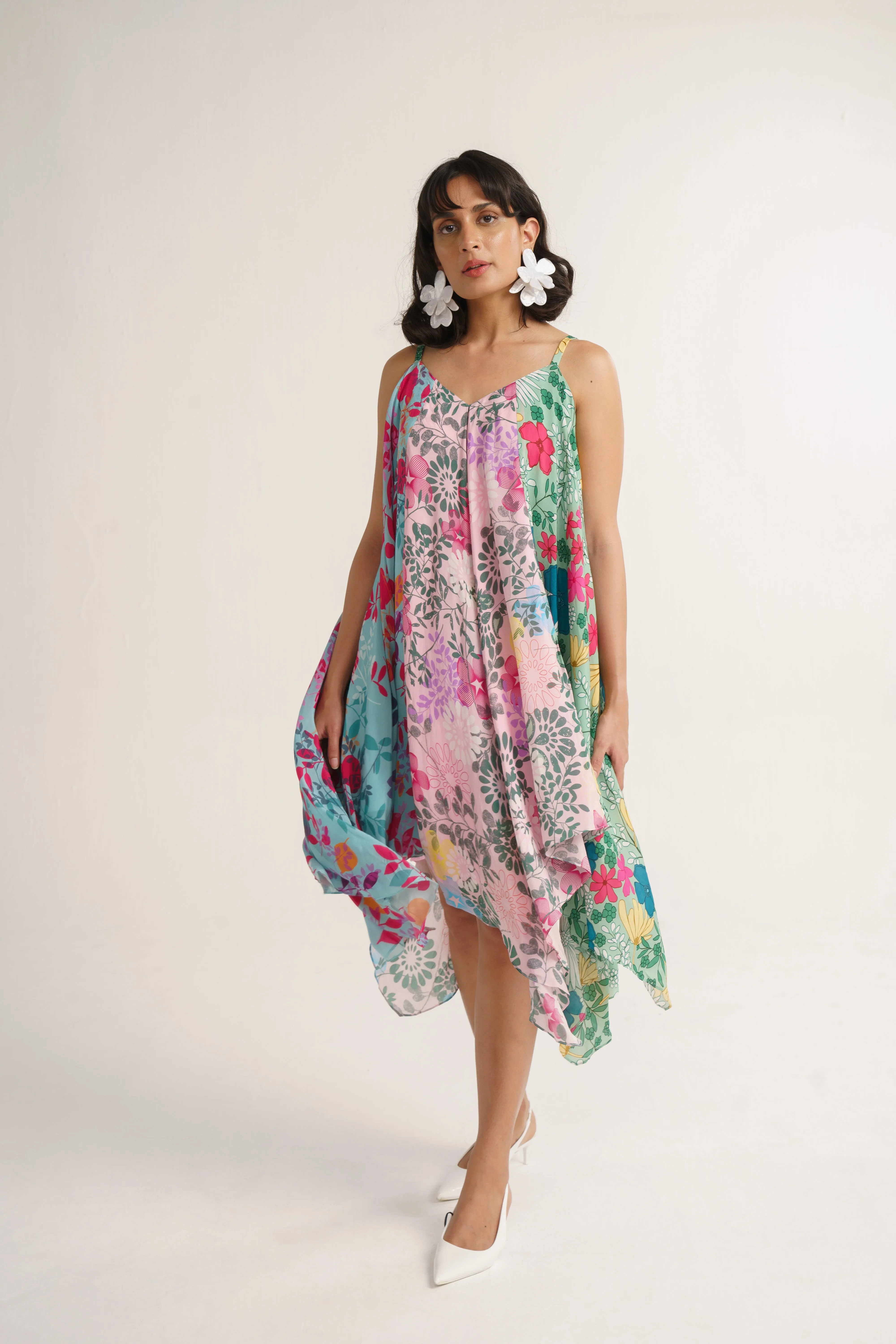 Multi Color Crepe Silk Print Floral V Neck Lotus Garden Patch Dress