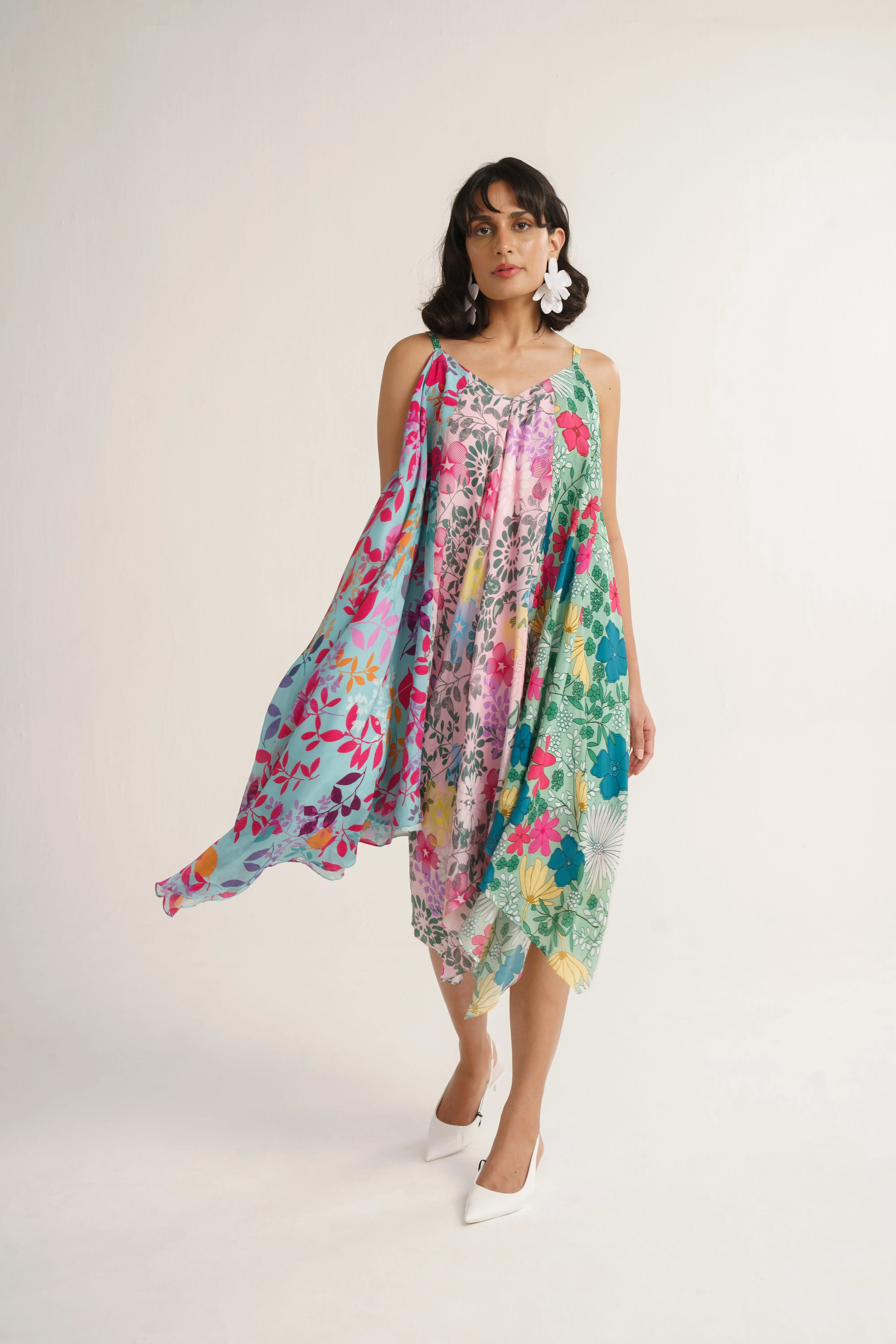Multi Color Crepe Silk Print Floral V Neck Lotus Garden Patch Dress