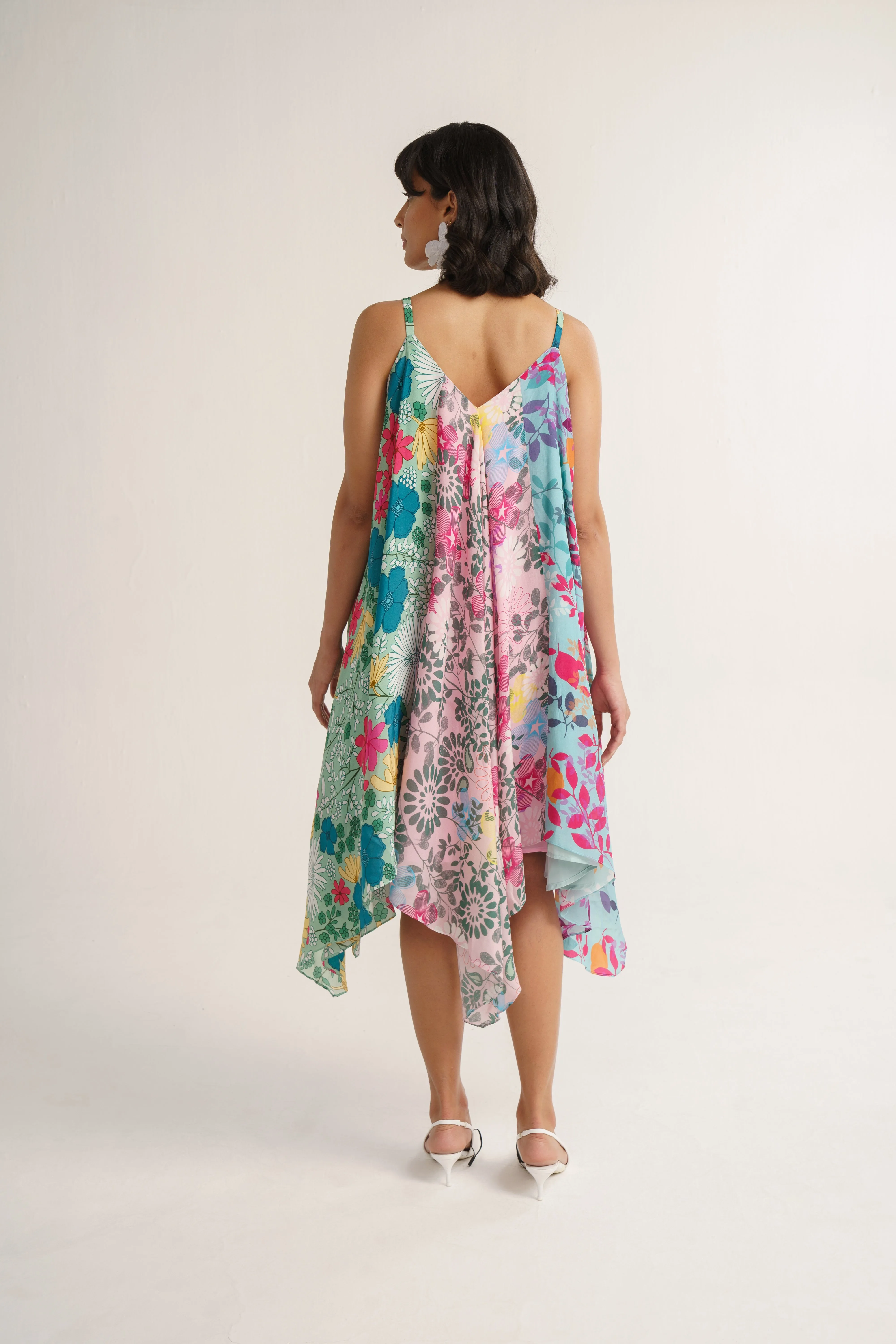 Multi Color Crepe Silk Print Floral V Neck Lotus Garden Patch Dress