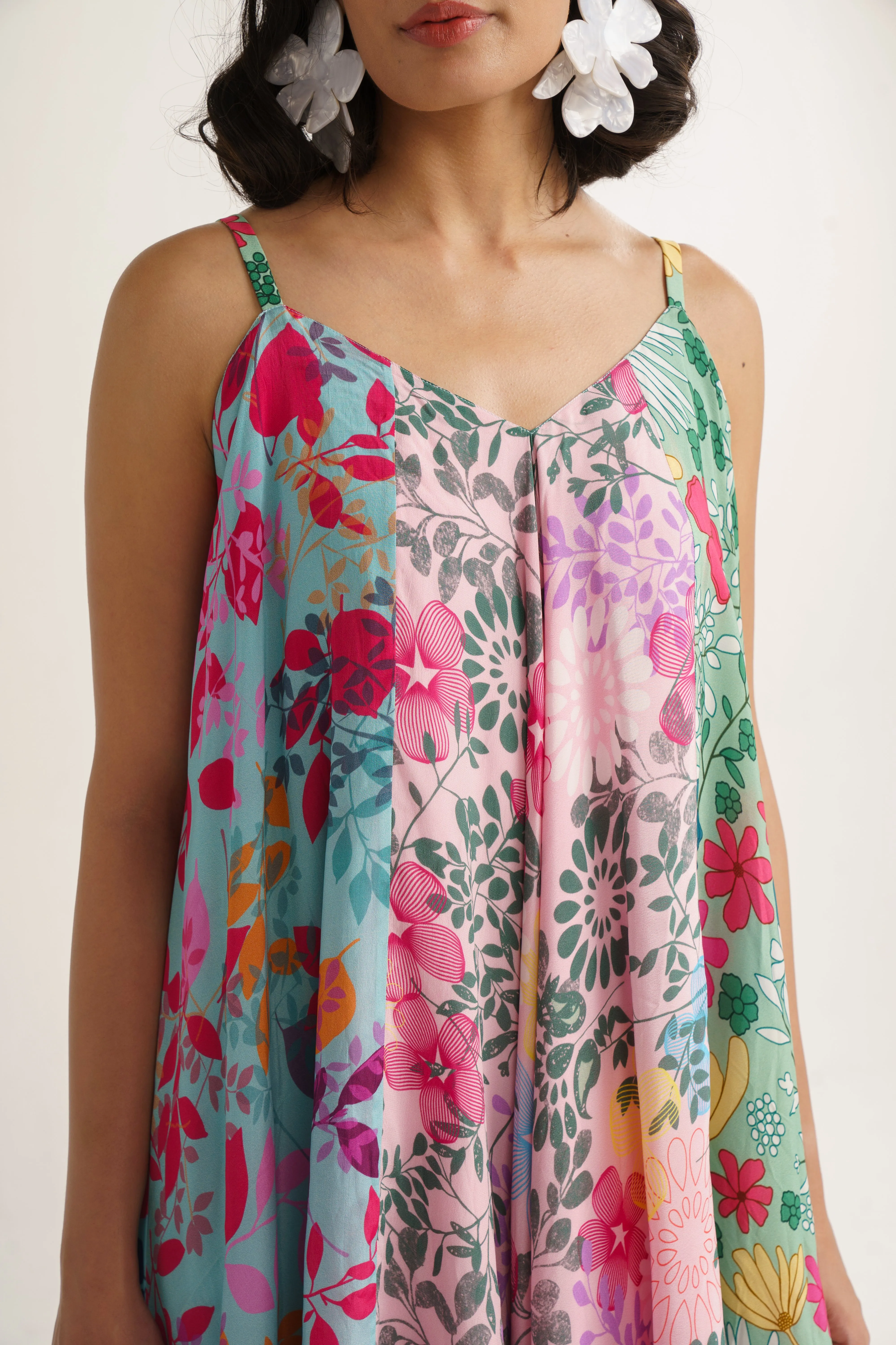 Multi Color Crepe Silk Print Floral V Neck Lotus Garden Patch Dress