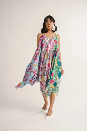 Multi Color Crepe Silk Print Floral V Neck Lotus Garden Patch Dress