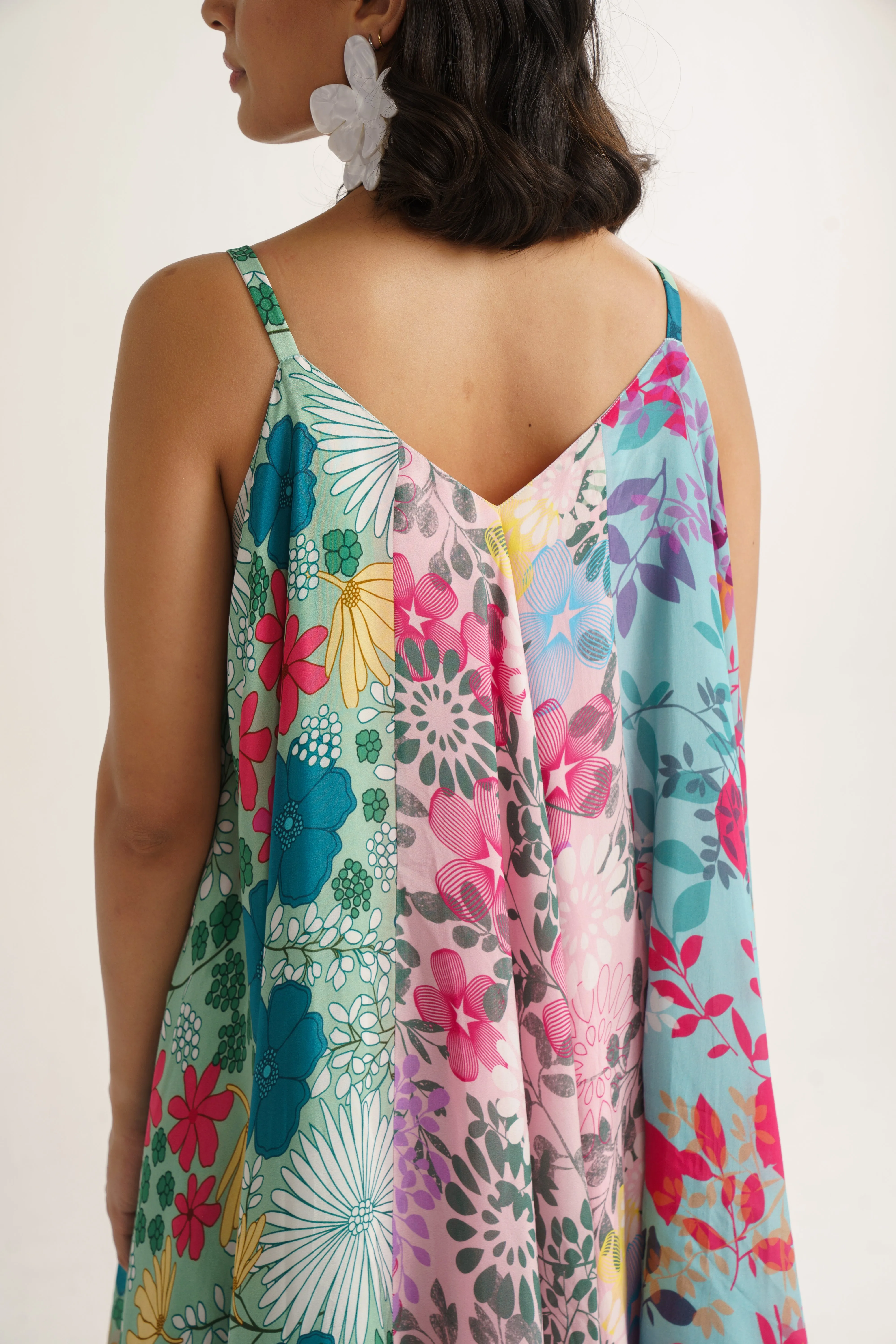 Multi Color Crepe Silk Print Floral V Neck Lotus Garden Patch Dress