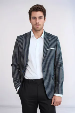 Navy Blue Striped Slim-Fit Blazer - Wessi