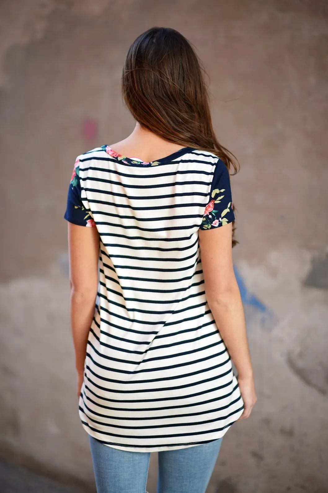 Navy Floral & Stripes Pocket Top