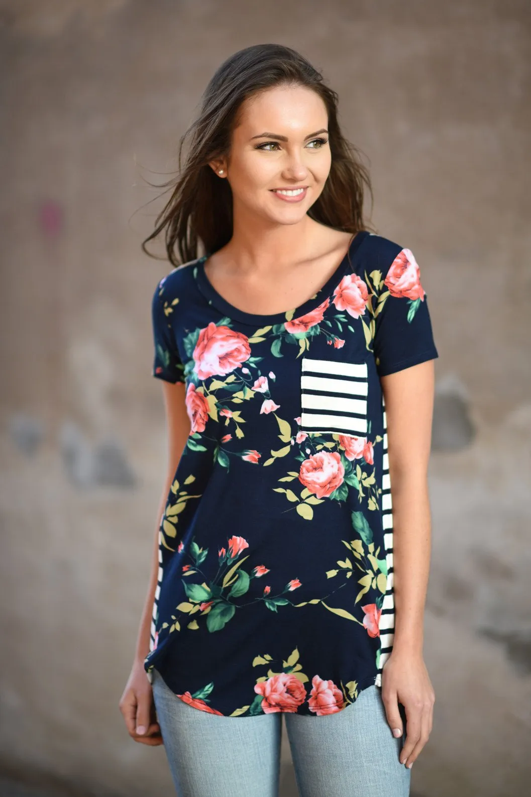 Navy Floral & Stripes Pocket Top