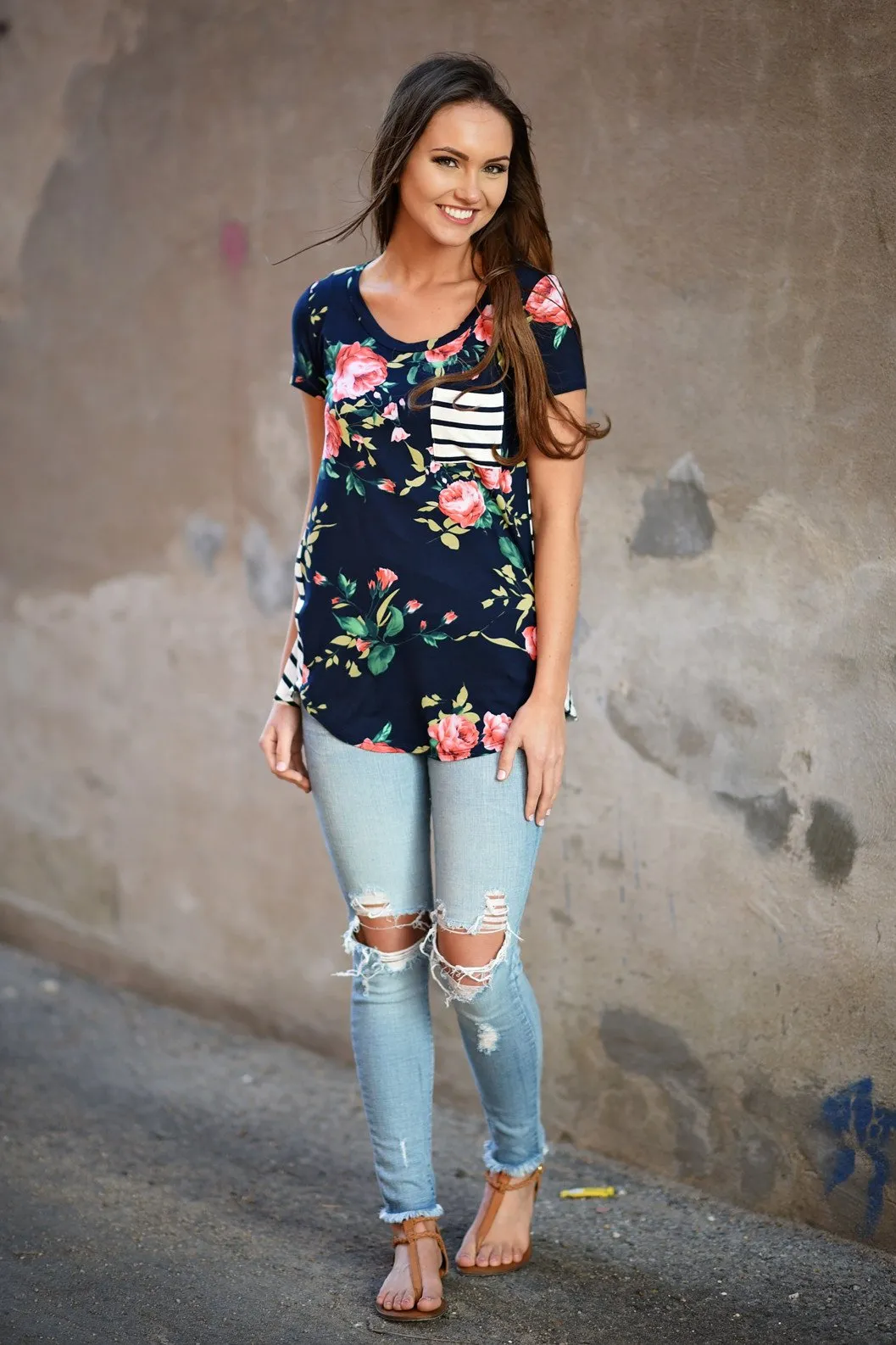 Navy Floral & Stripes Pocket Top