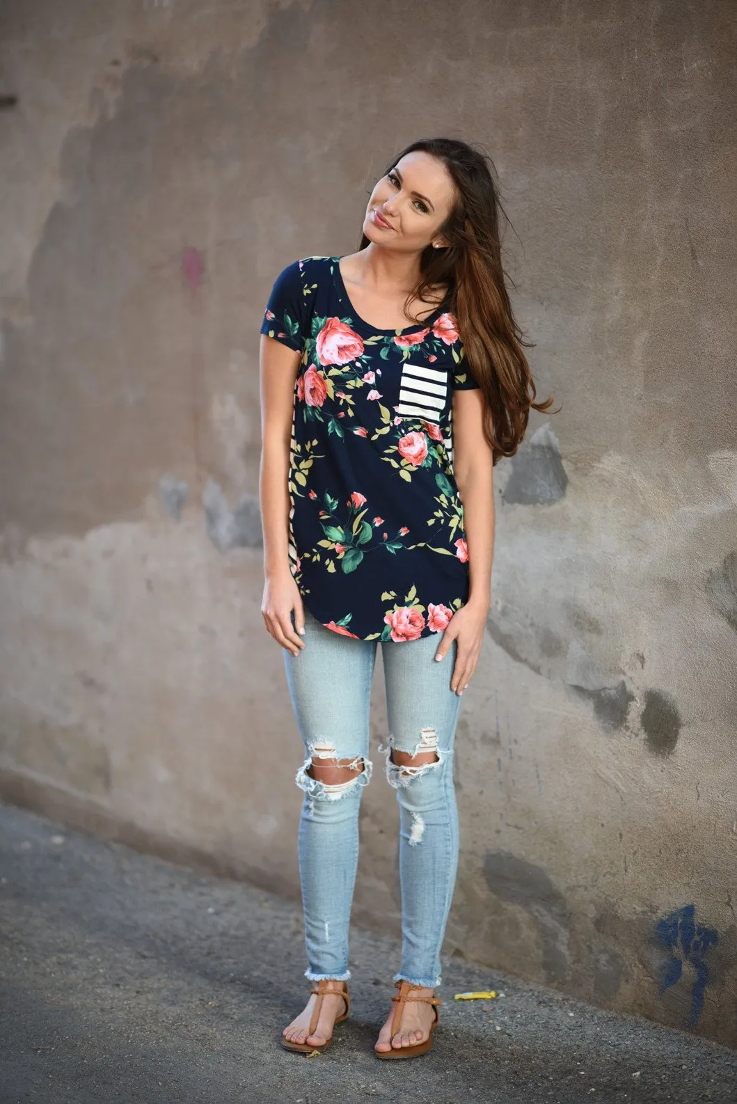 Navy Floral & Stripes Pocket Top