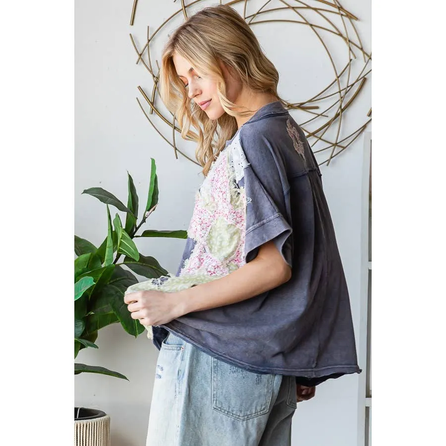 Navy Washed Floral Patchwork Oversized Oli Hali Tee