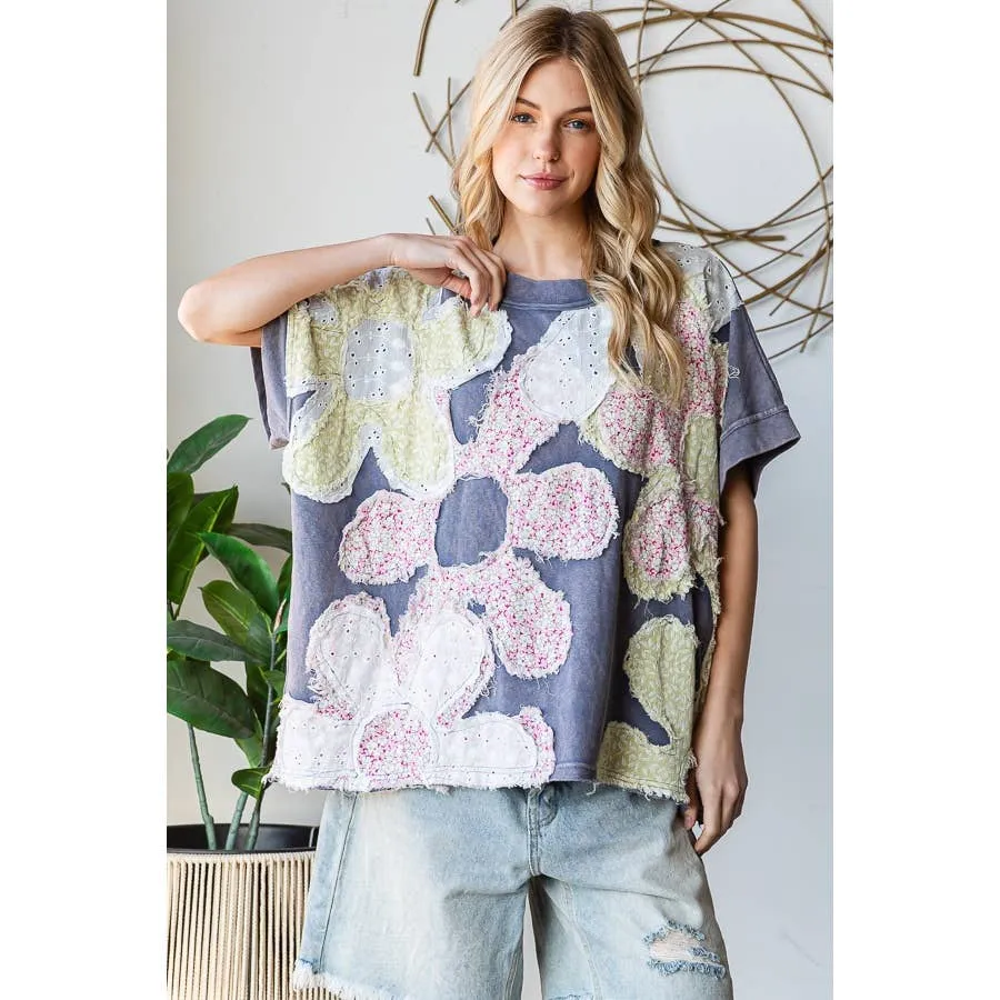 Navy Washed Floral Patchwork Oversized Oli Hali Tee