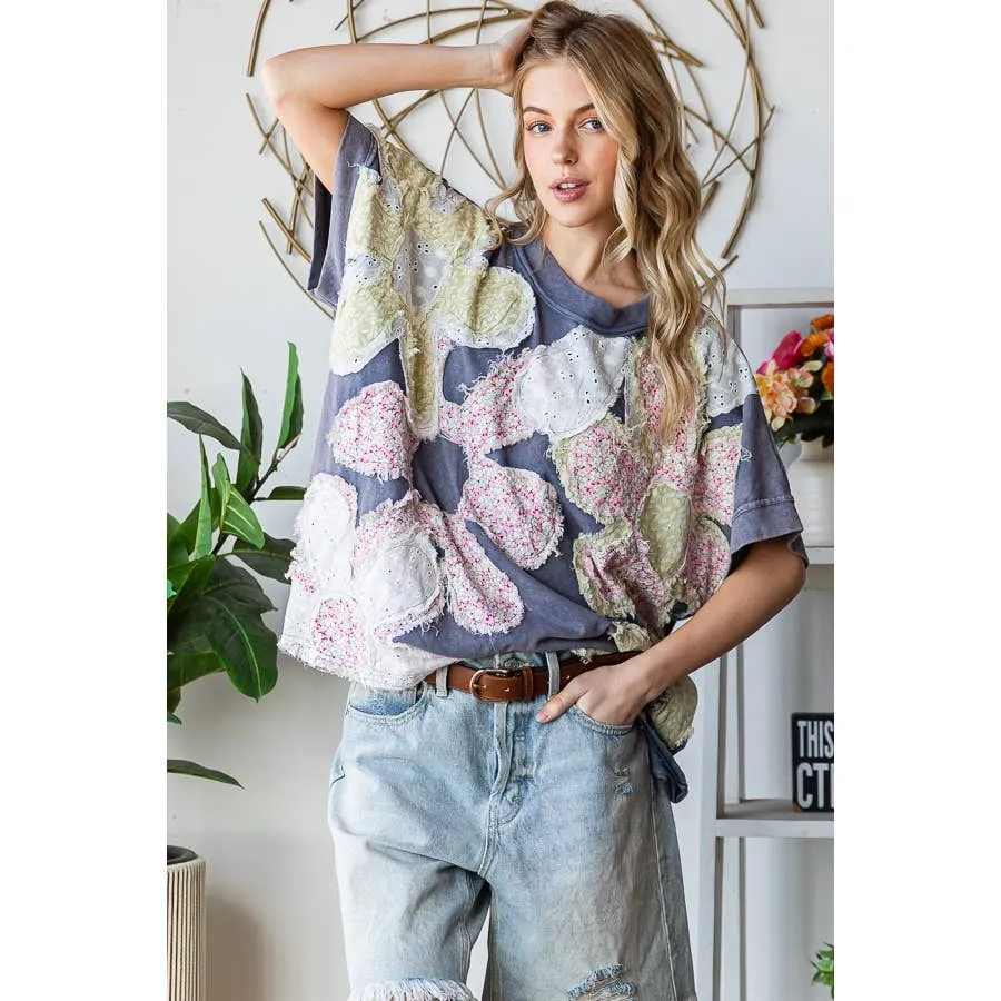 Navy Washed Floral Patchwork Oversized Oli Hali Tee