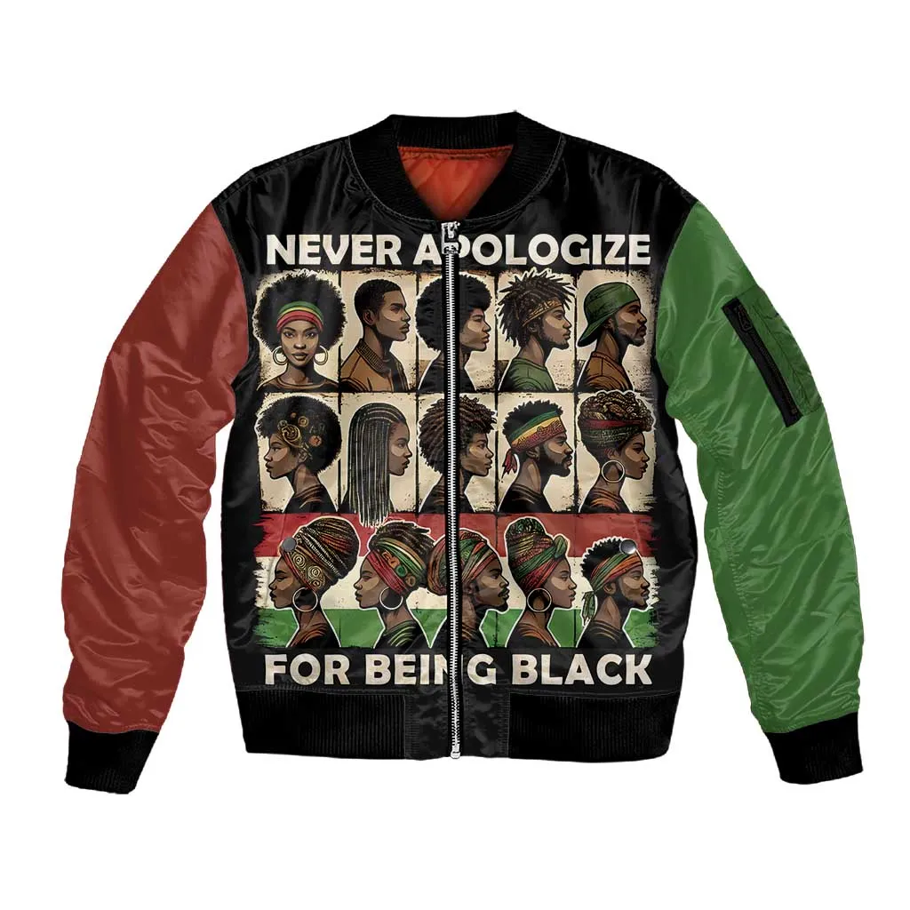Never Apologize for Being Black Sleeve Zip Bomber Jacket African Pride DT03