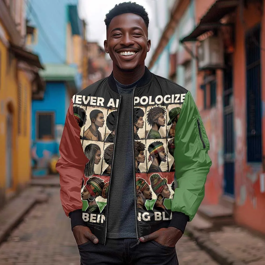 Never Apologize for Being Black Sleeve Zip Bomber Jacket African Pride DT03