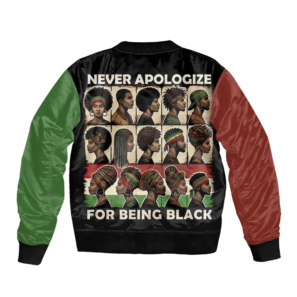 Never Apologize for Being Black Sleeve Zip Bomber Jacket African Pride DT03