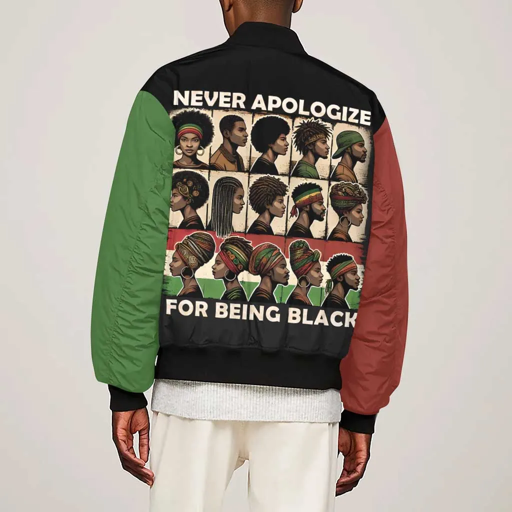 Never Apologize for Being Black Sleeve Zip Bomber Jacket African Pride DT03