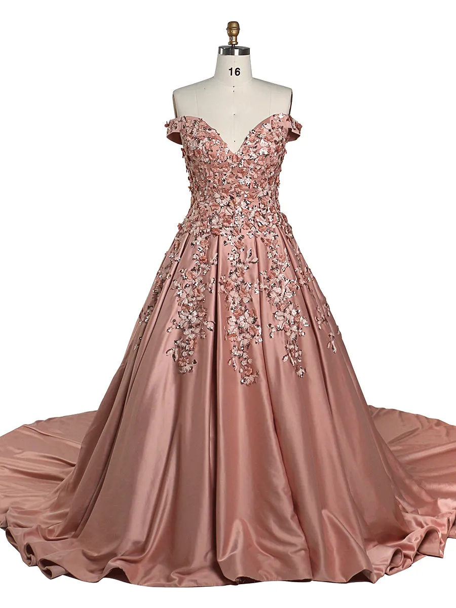 New Long Prom Dresses for Women Elegant Rose Satin Sequin Flower Photoshoot Dress