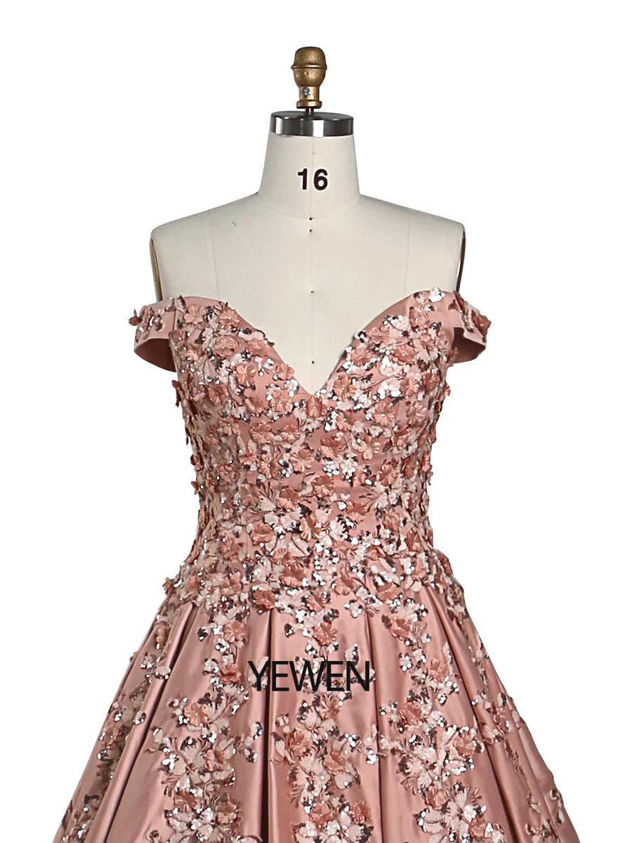 New Long Prom Dresses for Women Elegant Rose Satin Sequin Flower Photoshoot Dress