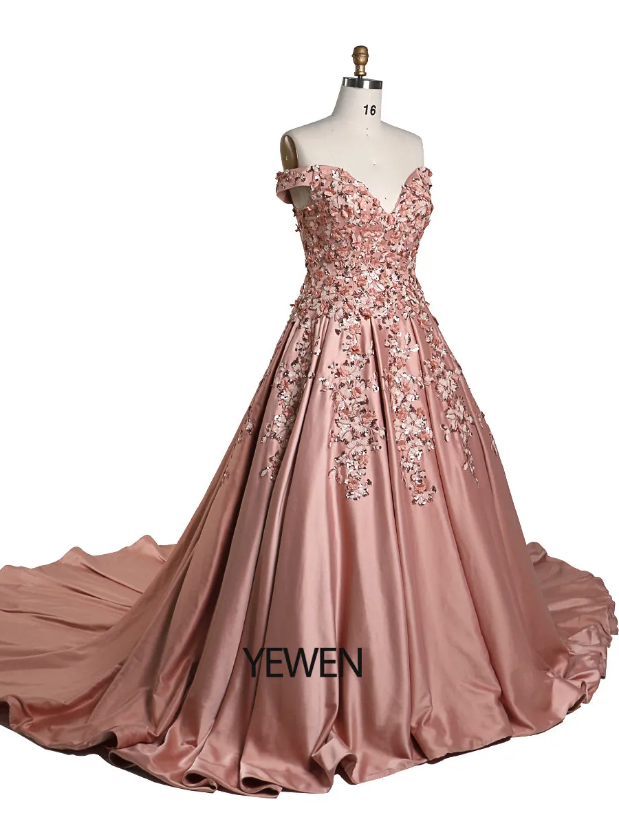 New Long Prom Dresses for Women Elegant Rose Satin Sequin Flower Photoshoot Dress