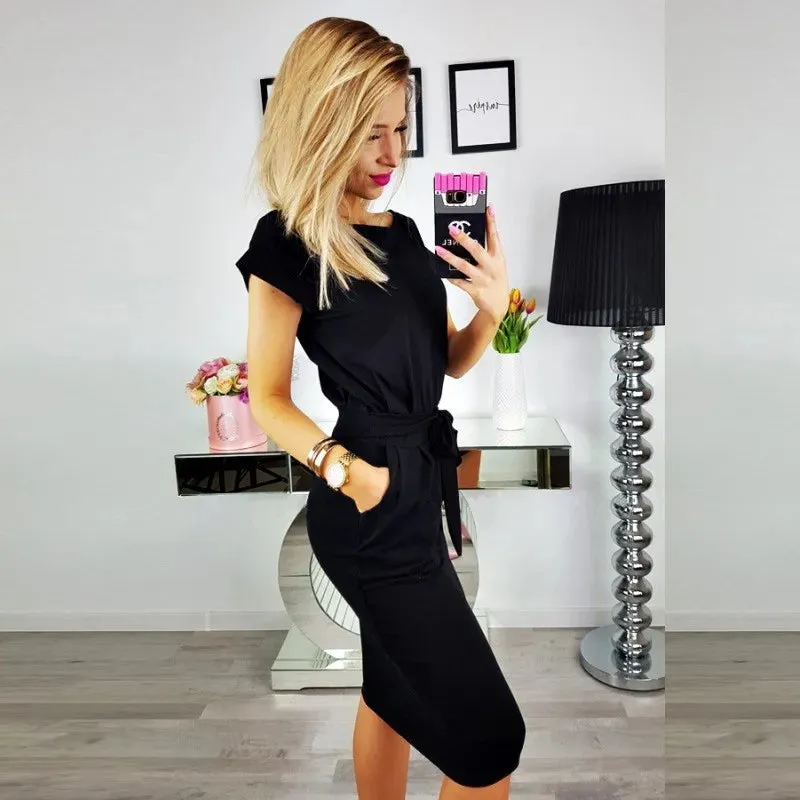 New Summer Women Dresses Casual Short Sleeve O-Neck Striped Oversized Slim Bodycon Dress Female Solid Pockets Midi Cotton Dress