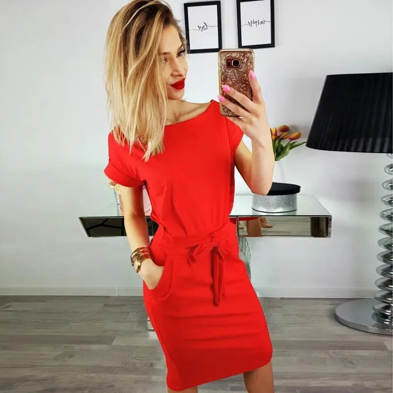New Summer Women Dresses Casual Short Sleeve O-Neck Striped Oversized Slim Bodycon Dress Female Solid Pockets Midi Cotton Dress