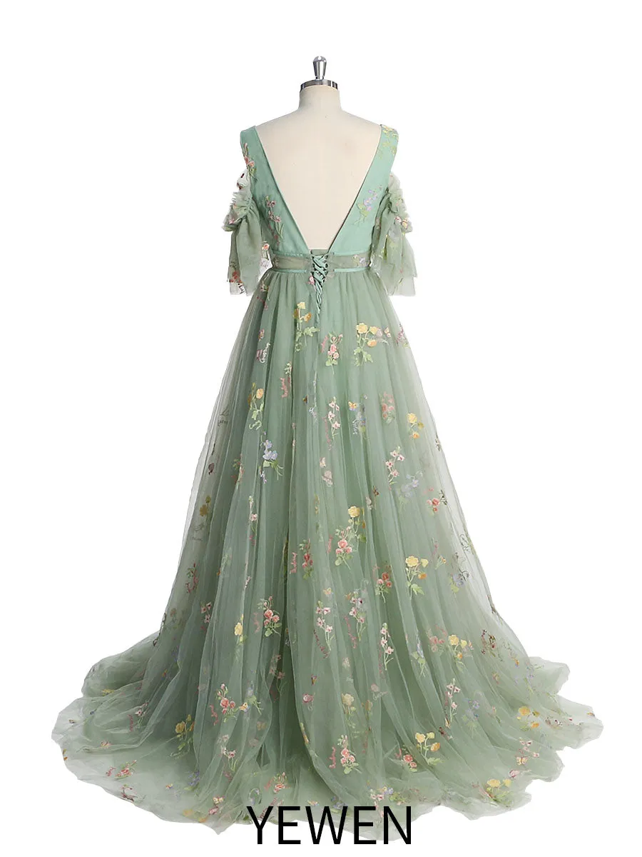 New V-Neck Embroidery Tulle Pastoral Prom Dress Sexy Ladies Beach Ball and Floor Photo Shoot Dress YEWEN YW220324-2