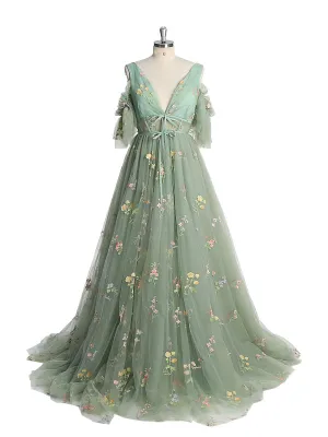 New V-Neck Embroidery Tulle Pastoral Prom Dress Sexy Ladies Beach Ball and Floor Photo Shoot Dress YEWEN YW220324-2