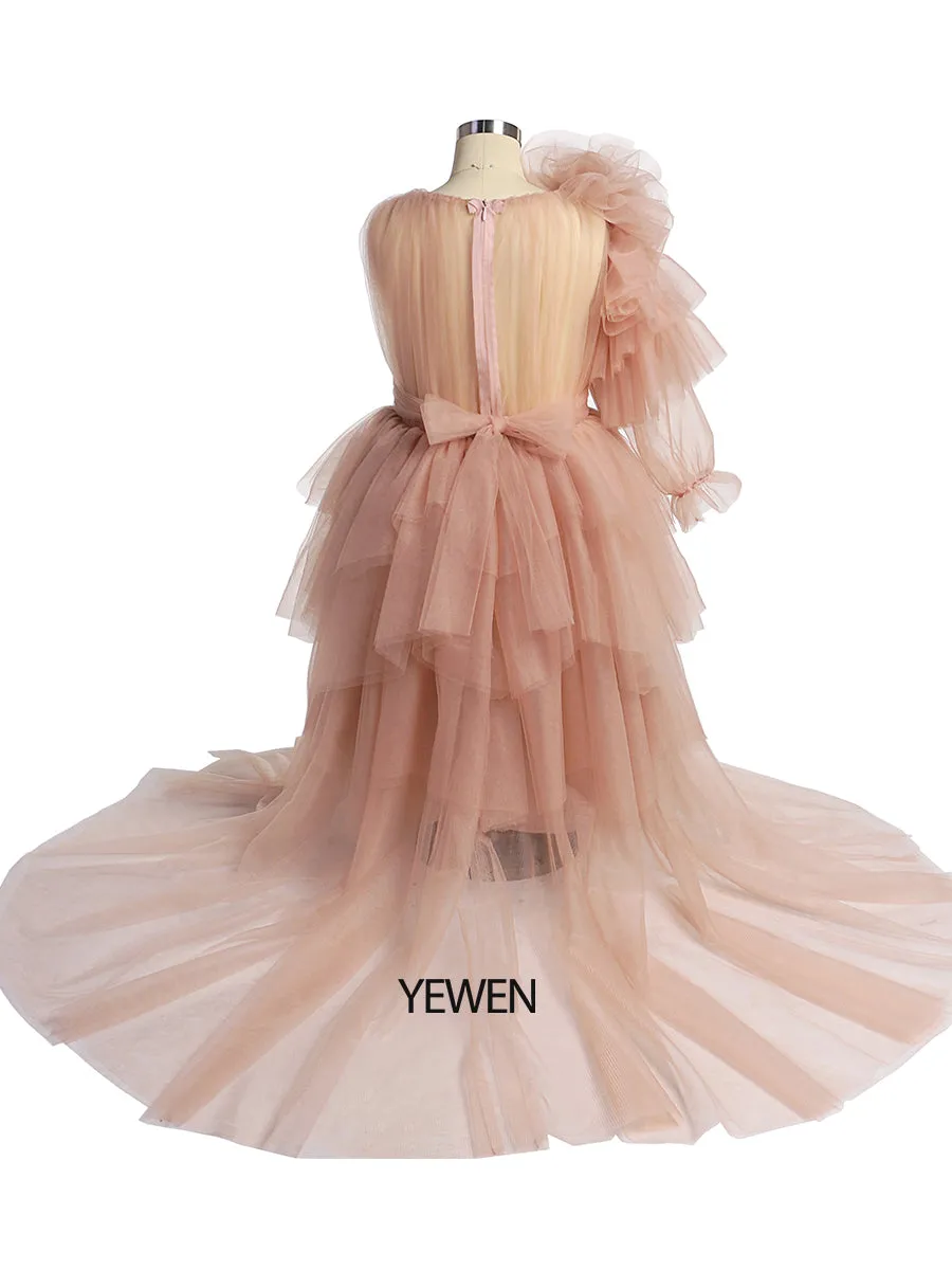 One-Shoulder Full sleeves Flower Girl Dresses First Communion Dresses for Girls soft Tulle Princess Party Dress