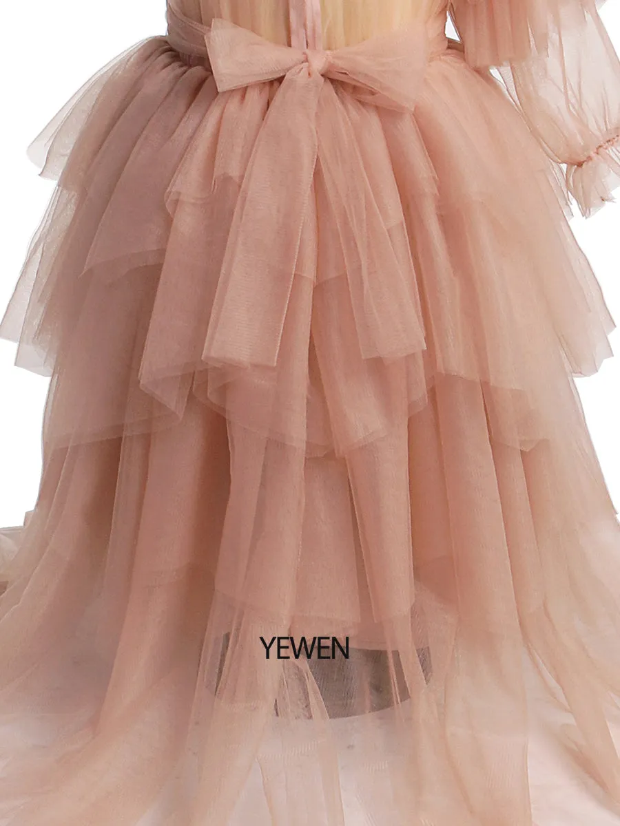 One-Shoulder Full sleeves Flower Girl Dresses First Communion Dresses for Girls soft Tulle Princess Party Dress