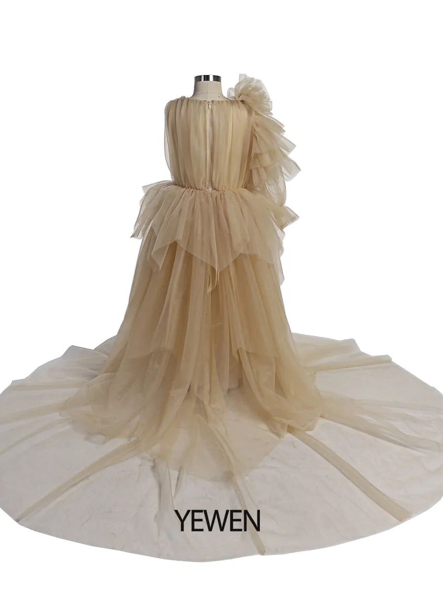 One-Shoulder Full sleeves Flower Girl Dresses First Communion Dresses for Girls soft Tulle Princess Party Dress