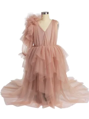 One-Shoulder Full sleeves Flower Girl Dresses First Communion Dresses for Girls soft Tulle Princess Party Dress