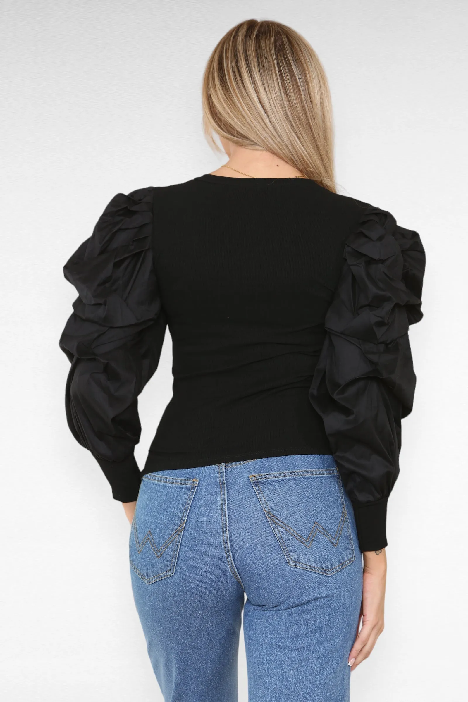 Oversized Puff Sleeves Ribbed Top