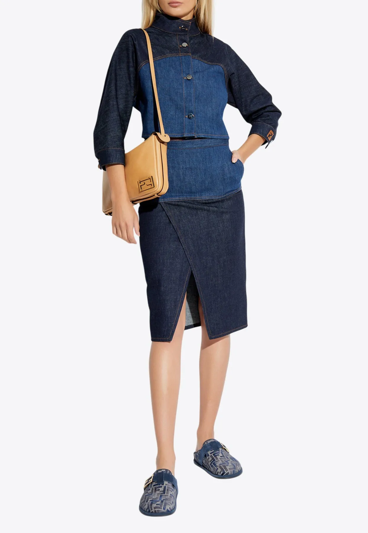 Paneled Denim Pencil Skirt