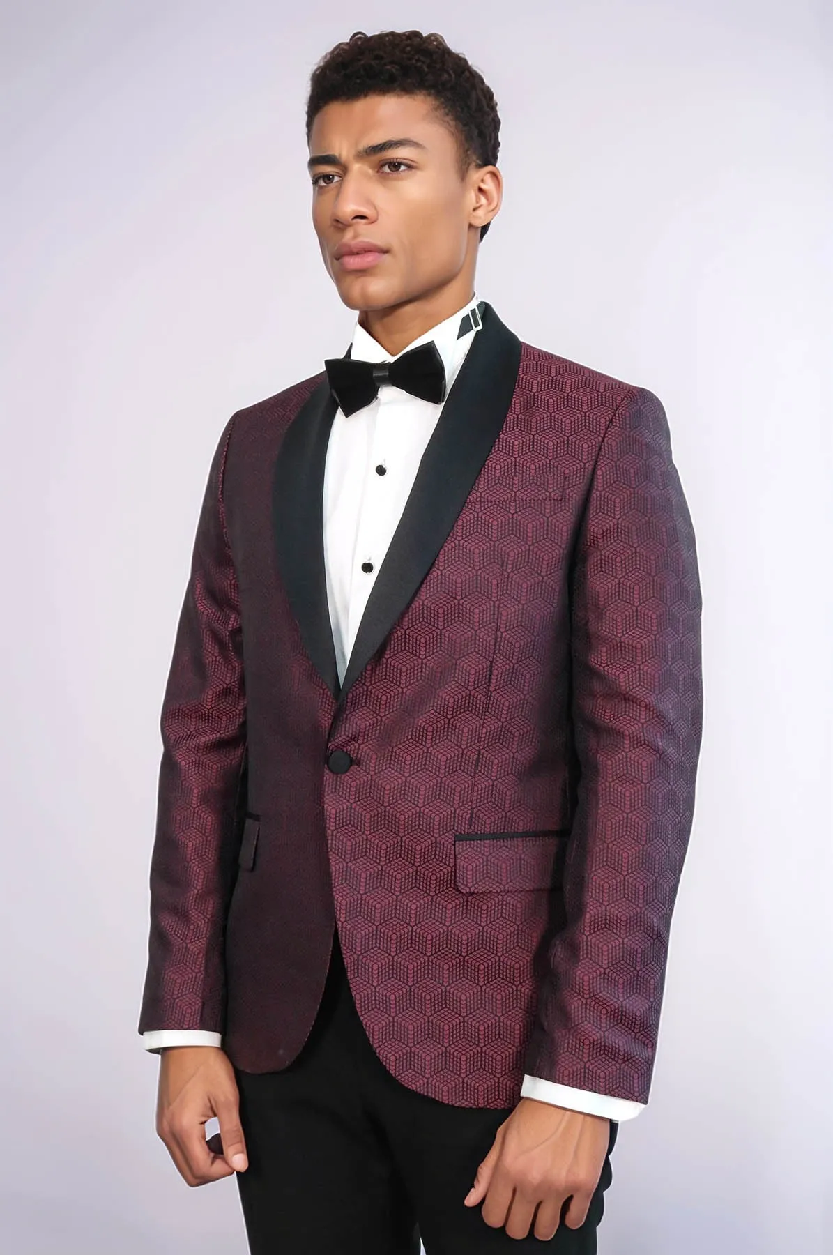 Pentagon Patterned Shawl Lapel Burgundy Men Prom Blazer - Wessi