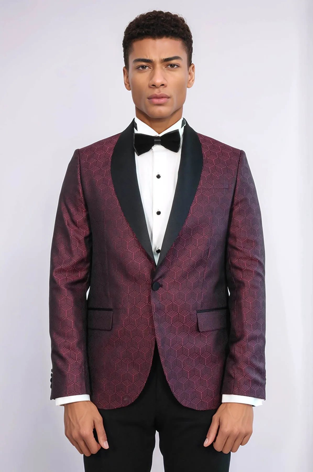 Pentagon Patterned Shawl Lapel Burgundy Men Prom Blazer - Wessi