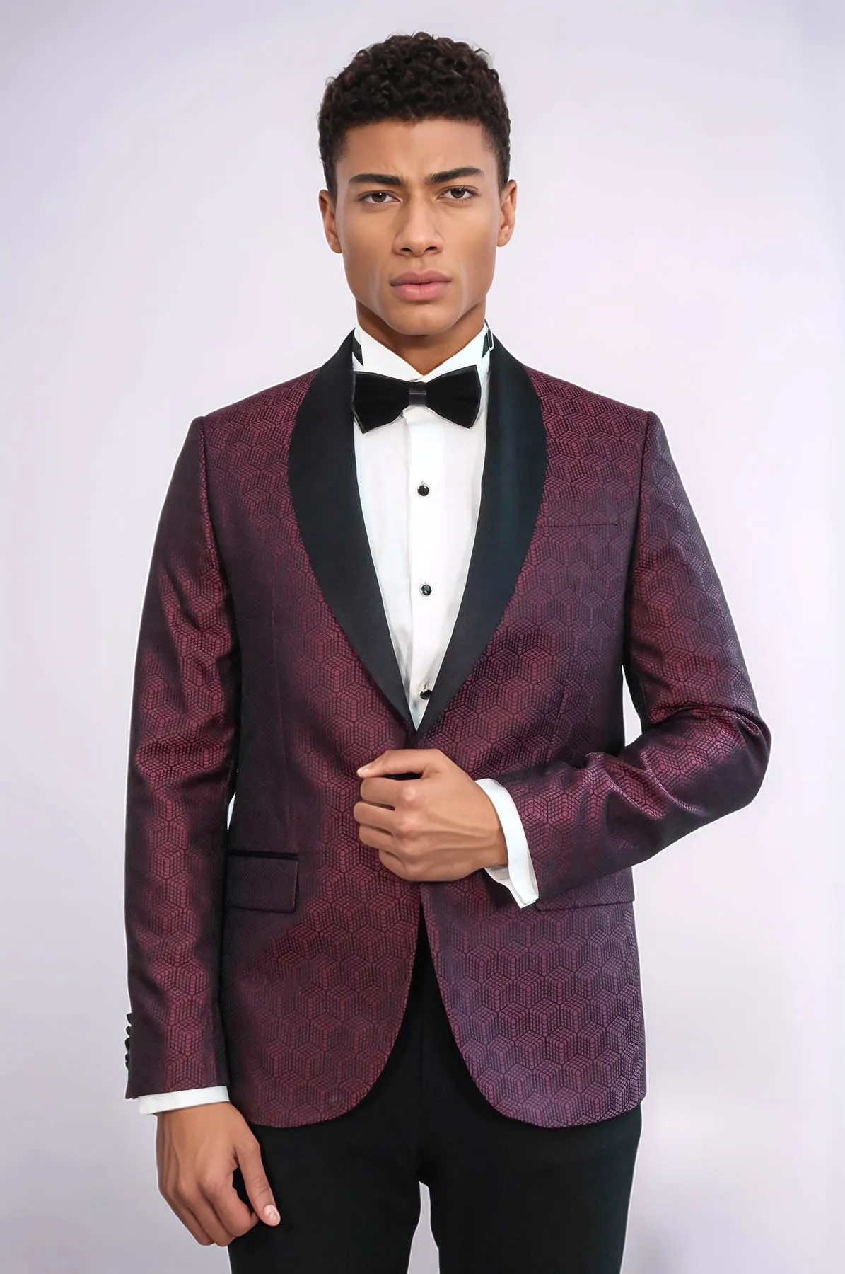 Pentagon Patterned Shawl Lapel Burgundy Men Prom Blazer - Wessi