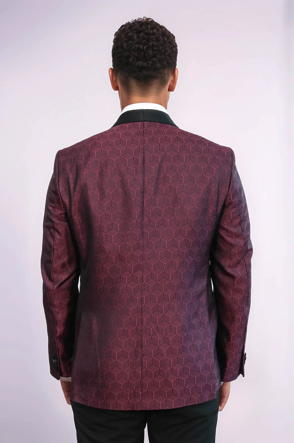 Pentagon Patterned Shawl Lapel Burgundy Men Prom Blazer - Wessi