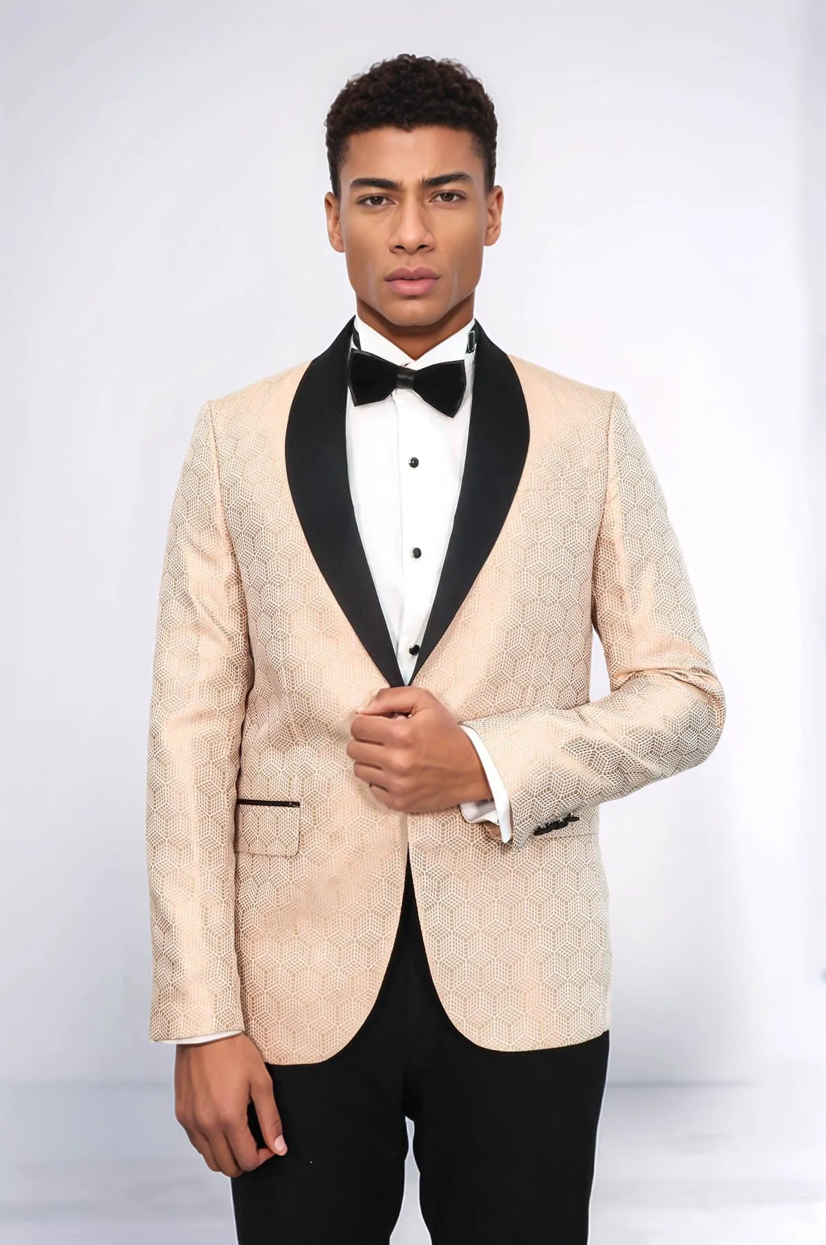 Pentagon Patterned Shawl Lapel Cream Men Prom Blazer - Wessi