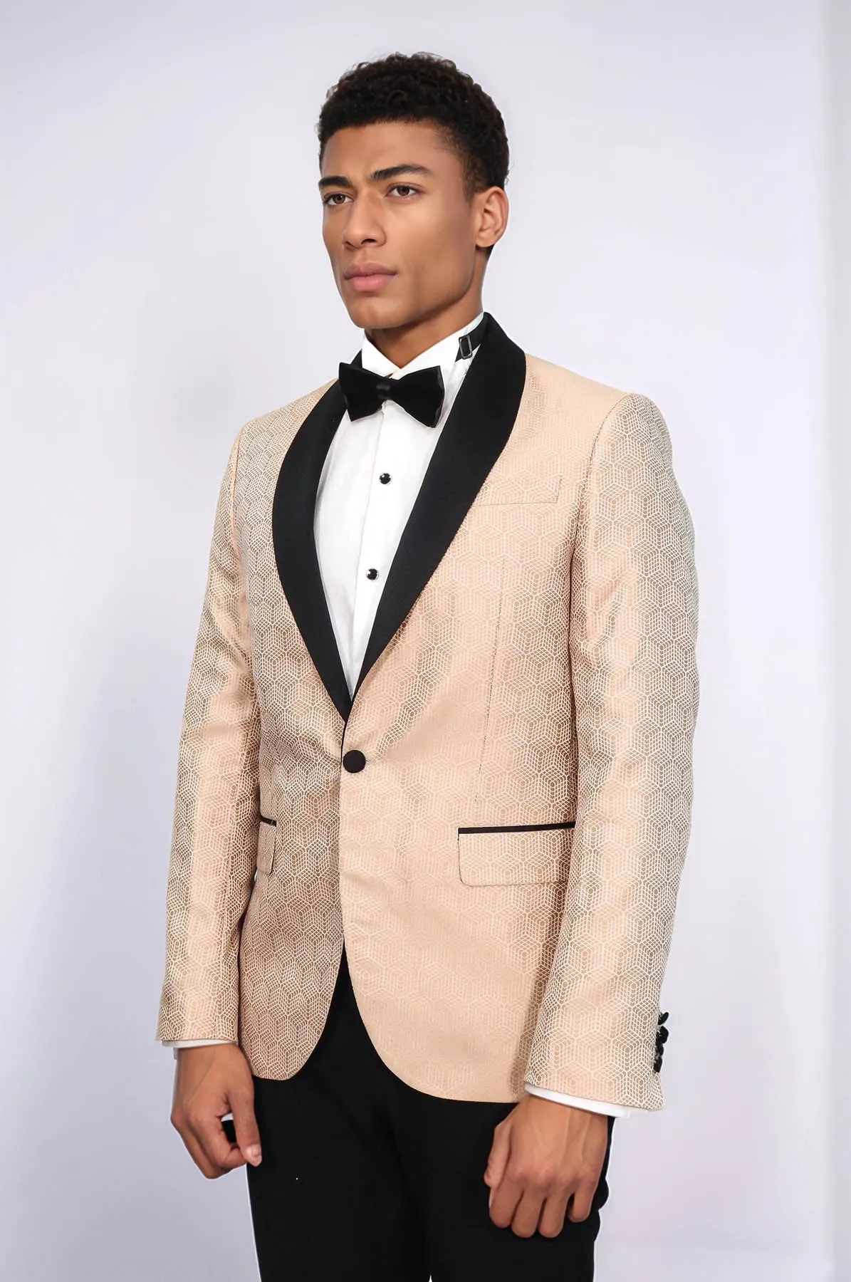 Pentagon Patterned Shawl Lapel Cream Men Prom Blazer - Wessi
