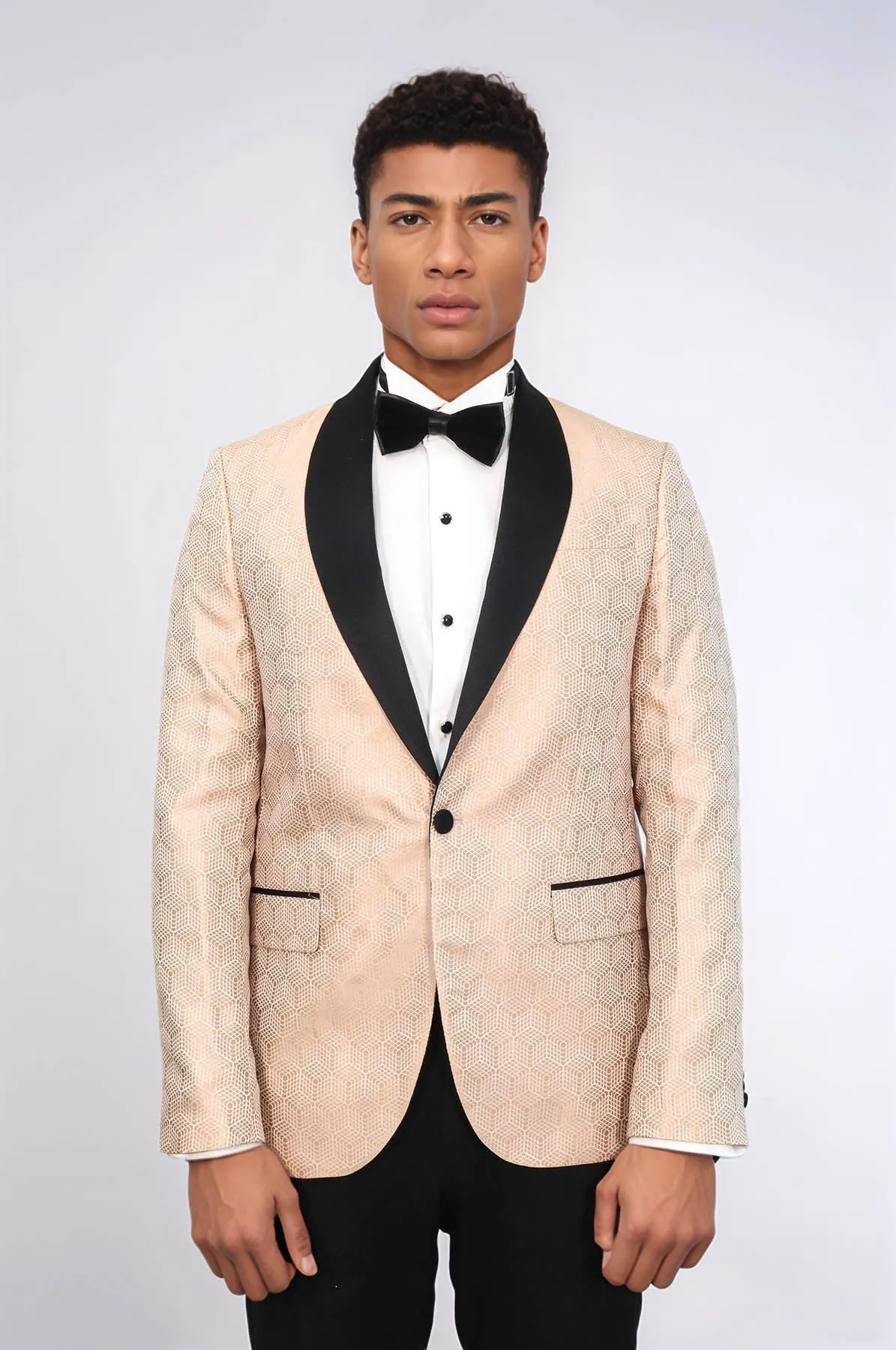 Pentagon Patterned Shawl Lapel Cream Men Prom Blazer - Wessi