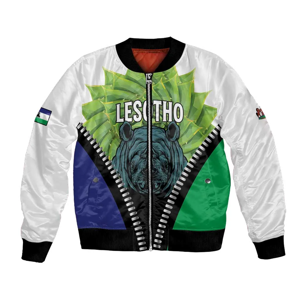 Personalised Afro Lesotho Bomber Jacket Black Rhinoceros Aloe Polyphylla LT15